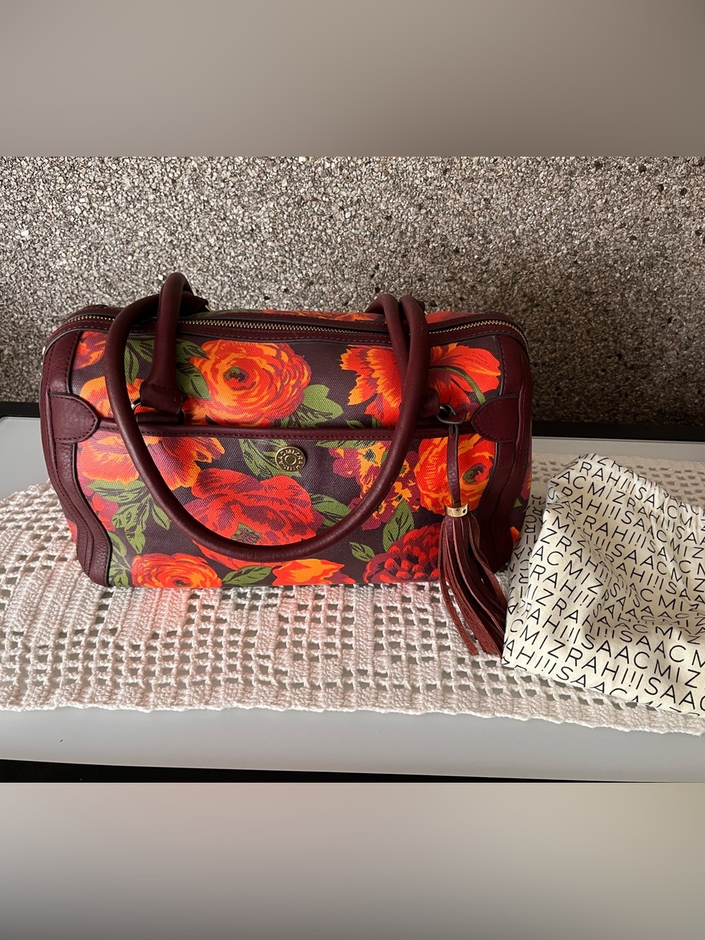 Isaac Mizrahi Floral Dome Satchel in Burgundy and Orange
